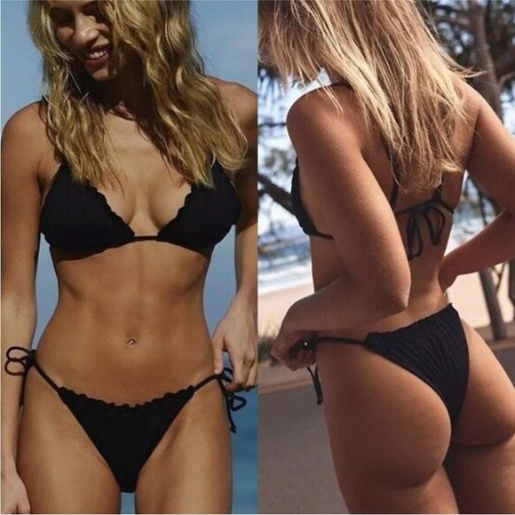 Its Now Cool Set Frill Tie Eco Bikini Top Bottom String Aqua Medium Small NEW - Picture 6 of 9